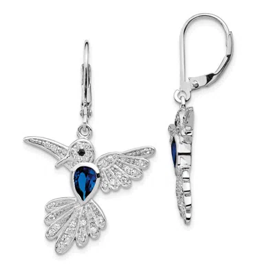 Diamond2deal Sterling Silver Rhodium-plated Lab Created Dark Blue Spinel And Cz Hummingbird Drop Dangle Earrings In White