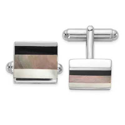 Diamond2deal Sterling Silver Rhodium-plated Onyx And White Grey Mop Cuff Links