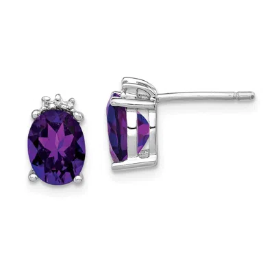 Diamond2deal Sterling Silver Rhodium Plated Oval Amethyst And Diamond Stud Earrings In White