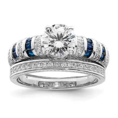 Diamond2deal Sterling Silver Rhodium-plated Polished Blue & White Cubic Zirconia Band Ring Set