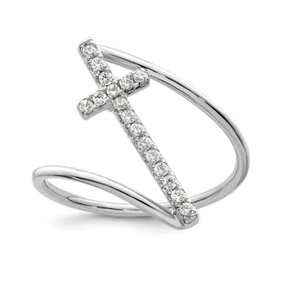 Diamond2deal Sterling Silver Rhodium-plated Polished Cubic Zirconia Cross Ring In White