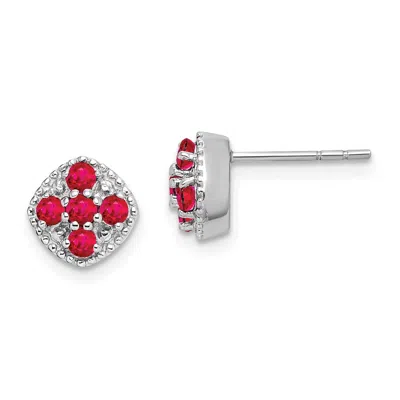 Diamond2deal Sterling Silver Rhodium-plated Ruby Flower Stud Earrings In White