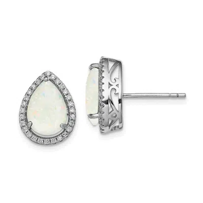 Diamond2deal Sterling Silver Rhodium Polished Simulated Opal & Cz Stud Earrings In White
