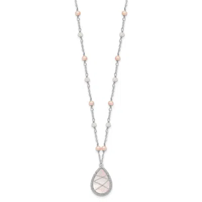 Diamond2deal Sterling Silver Rhodium Rose Quartz And Pearl Pendant Necklace