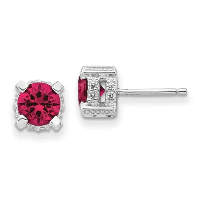 Diamond2deal Sterling Silver Rhodium-plated 6.5mm Lab Created Ruby And White Cz Stud Earrings In Transparent