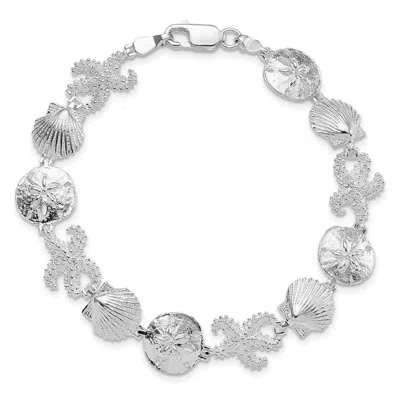 Diamond2deal Sterling Silver Rhod-plated Polished Starfish,shell,sand Dollar Bracelet 7.25"
