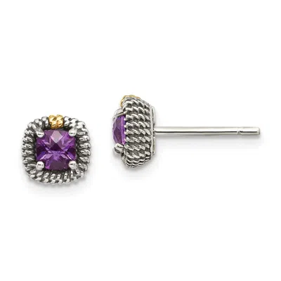 Diamond2deal Sterling Silver With 14k Accent Antiqued Cushion-cut Amethyst Earrings In White