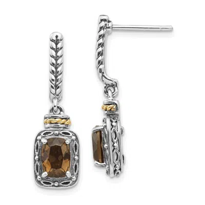 Diamond2deal Sterling Silver With 14k Accent Antiqued Cushion Smoky Quartz Dangle Earrings In White