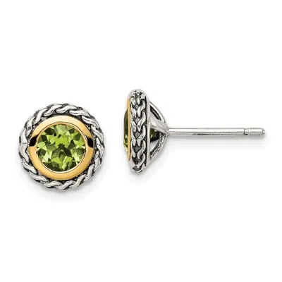 Diamond2deal Sterling Silver With 14k Accent Antiqued Round Bezel Peridot Earrings In White