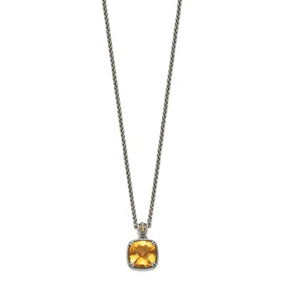 Diamond2deal Sterling Silver With 14k Accent Checkerboard Cushion Citrine Pendant Necklace