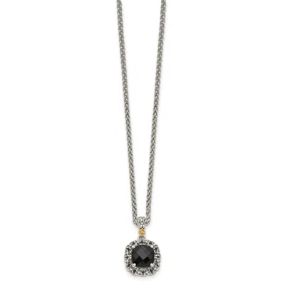 Diamond2deal Sterling Silver With 14k Accent Checkerboard-cut Black Onyx Pendant Necklace