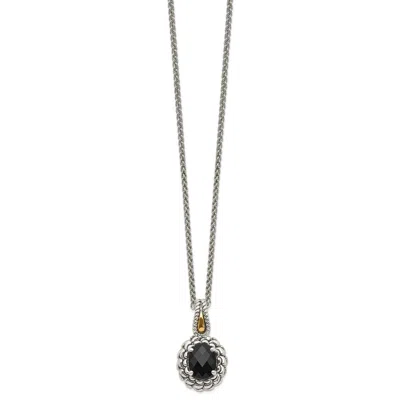 Diamond2deal Sterling Silver With 14k Accent Checkerboard-cut Black Onyx Pendant Necklace In Yellow