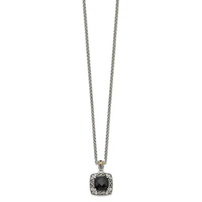 Diamond2deal Sterling Silver With 14k Accent Checkerboard-cut Black Onyx Pendant Necklace