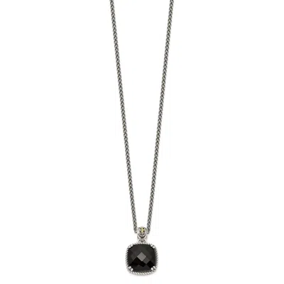 Diamond2deal Sterling Silver With 14k Accent Checkerboard-cut Black Onyx Pendant Necklace In Yellow