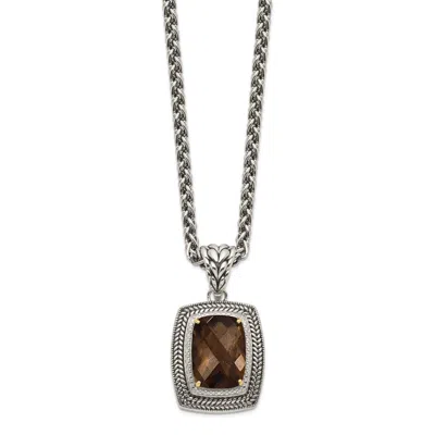 Diamond2deal Sterling Silver With 14k Accent Checkerboard Smoky Quartz Pendant Necklace