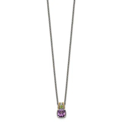 Diamond2deal Sterling Silver With 14k Accent Cushion Amethyst And Peridot Pendant Necklace