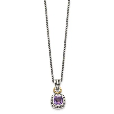 Diamond2deal Sterling Silver With 14k Accent Cushion Bezel Amethyst Pendant Necklace In Yellow