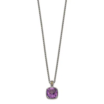 Diamond2deal Sterling Silver With 14k Accent Cushion Checkerboard Amethyst Pendant Necklace
