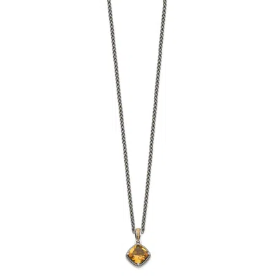 Diamond2deal Sterling Silver With 14k Accent Cushion Citrine Pendant Necklace