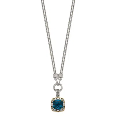 Diamond2deal Sterling Silver With 14k Accent Cushion London Blue Topaz And Diamond Pendant Necklace In Yellow