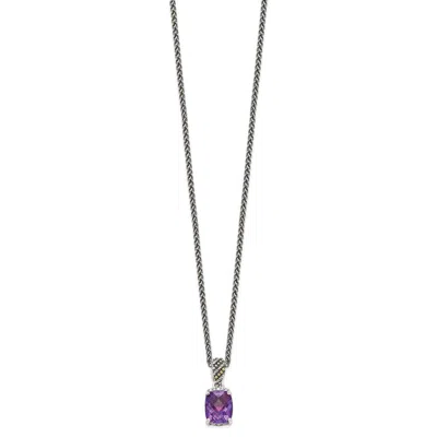 Diamond2deal Sterling Silver With 14k Accent Diamond And Cushion Amethyst Pendant Necklace In Yellow