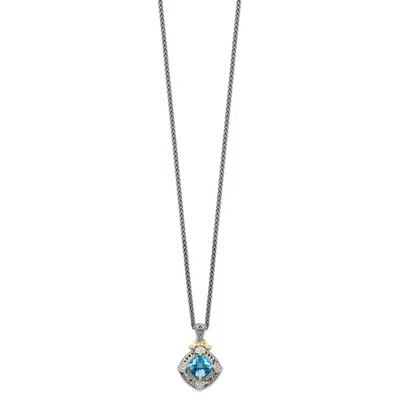 Diamond2deal Sterling Silver With 14k Accent Diamond And Cushion Blue Topaz Pendant Necklace