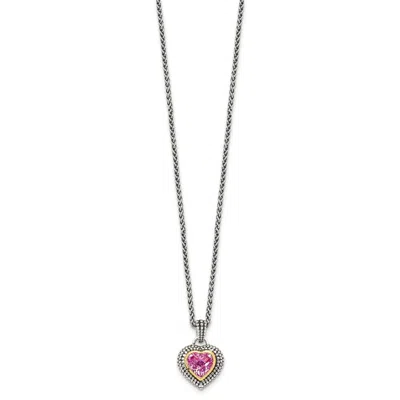 Diamond2deal Sterling Silver With 14k Accent Heart Created Pink Sapphire Pendant Necklace In Yellow