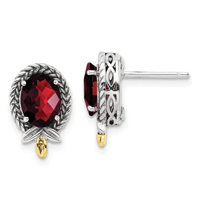Diamond2deal Sterling Silver With 14k Gold Accent Antiqued Checkerboard Oval Garnet Stud Earrings In White