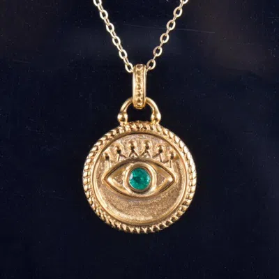Pre-owned Diamondmounts Natural Green Emerald Evil Eye Lucky Women Pendant Gift Solid 14k Yellow Gold