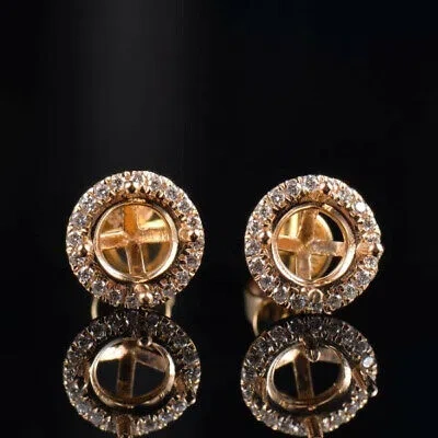 Pre-owned Diamondmounts Round 6mm 14k Yellow Gold Natural Diamond Halo Setting Earrings Stud Semi Mount