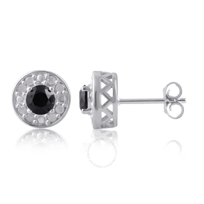 Diamondmuse 1.00 Carat T.w. Round Black And White Diamond Sterling Silver Cluster Stud Earrings In Metallic