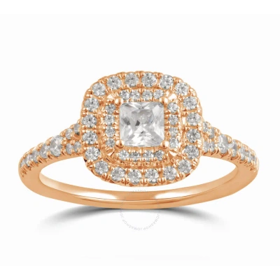 Diamondmuse 1.38 Cttw Rose Gold Plated Over Sterling Silver Square Swarovski Double Halo Diamond Eng In Pink