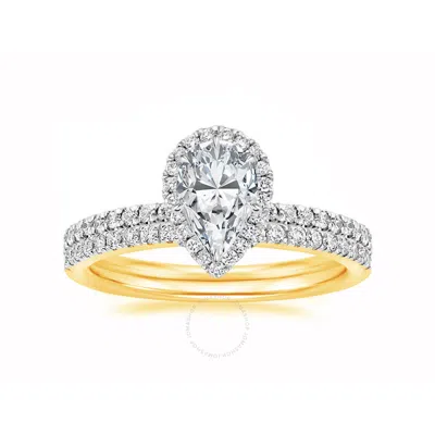 Diamondmuse 1.90 Cttw Pear Shape Swarovski Diamond Gold Tone Sterling Silver Halo Women's Bridal Set