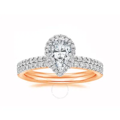 Diamondmuse 1.90 Cttw Pear Shape Swarovski Diamond Pink Tone Sterling Silver Halo Women's Bridal Set In Gold
