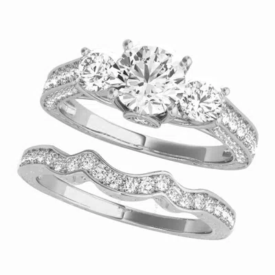 Diamondmuse 2.88 Cttw Three Stone Round Swarovski Diamond Bridal Set In Sterling Silver In Metallic