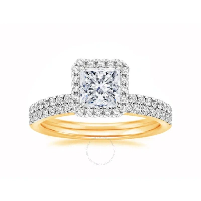 Diamondmuse 3.00 Cttw Square Swarovski Diamond Plated Halo Bridal Set In Gold Tone Over Sterling Sil In Yellow