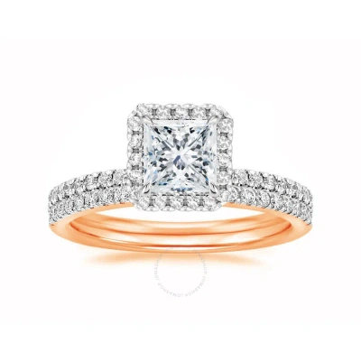Diamondmuse 3.00 Cttw Square Swarovski Diamond Plated Halo Bridal Set In Rose Tone Over Sterling Sil In Pink