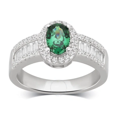 Diamondmuse 3.00 Cttw Sterling Silver Created Oval Emerald White Cubic Zirconia Engagement Ring For  In Green