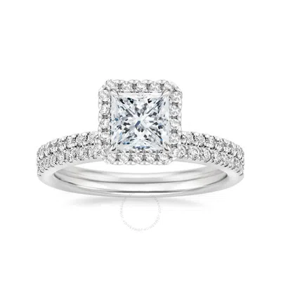 Diamondmuse 3.00 Cttw Square Swarovski Diamond Plated Halo Bridal Set In Sterling Silver In Neutral