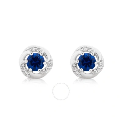 Diamondmuse Created Blue And White Sapphire Gemstone Sterling Silver Six Prong Stud Earrings For Wom In Metallic