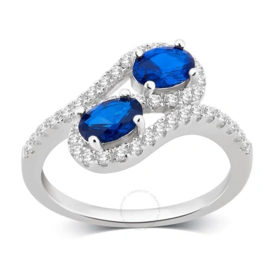 Diamondmuse Created Blue And White Sapphire Gemstone Sterling Silver Two Stone Ring For Women