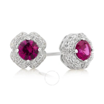 Diamondmuse Created Ruby And White Sapphire Gemstone White Flower Frame Women's Stud Earring In Ster