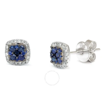 Diamondmuse Diamond Muse 0.50 Cttw 14kt White Gold Cushion Frame Sapphire Gemstone Diamond Stud Earrings For Wom In Blue