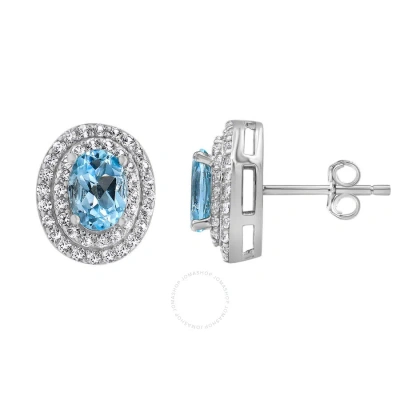 Diamondmuse Diamond Muse Created White Sapphire And Blue Topaz Oval Stud Earrings For Women In Metallic