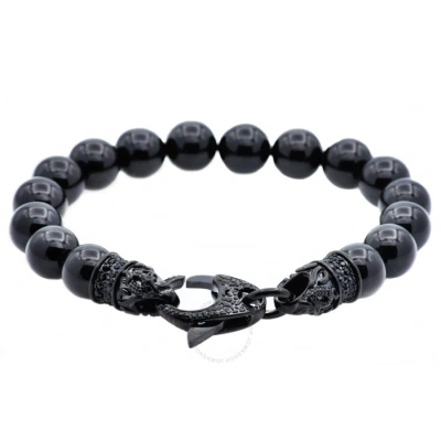 Diamondmuse Genuine Onyx Black Stainless Steel Beaded Bracelet For Men's Boys With Black Cubic Zirco
