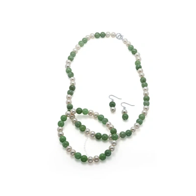 Diamondmuse Jade And White Pearl Necklace Bracelet Earring Set In Sterling Silver In Metallic