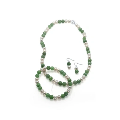 Diamondmuse Jade And White Pearl Necklace Bracelet Earring Set In Sterling Silver