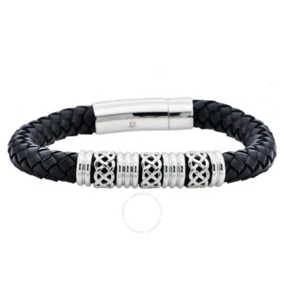 Diamondmuse Stainless Steel Braided Black Leather Men's Boys Jewelry Bracelet