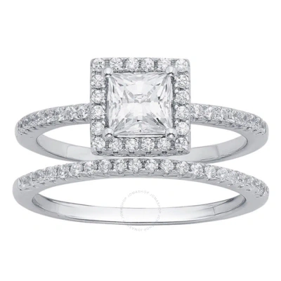 Diamondmuse Sterling Silver Women's Halo Bridal Set In Australian Crystal And Cubic Zirconia In White