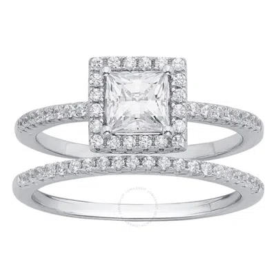 Diamondmuse Sterling Silver Women's Halo Bridal Set In Australian Crystal And Cubic Zirconia In Metallic